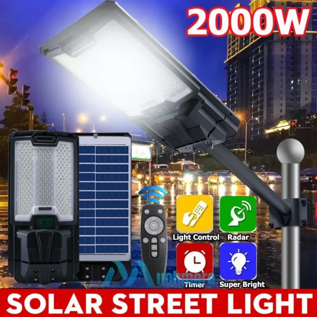 Commercial 2000W LED Solar Street Light IP67 Dusk-to-Dawn PIR Timer Road Lamp US