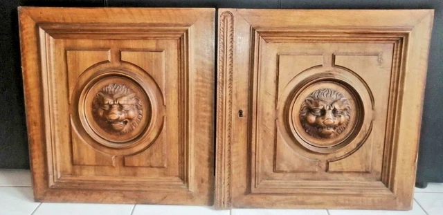 24" Pair French Antique Architectural Lion Demon Gothic Panel Door Solid Oak