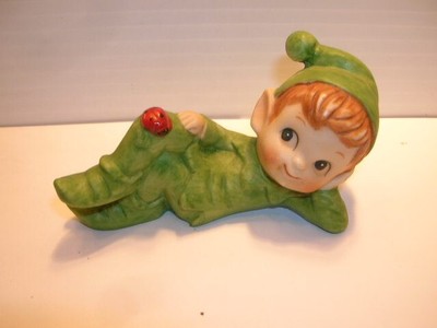 Vintage Lefton Green Pixie Elf Lady Bug On His Knee Figurine