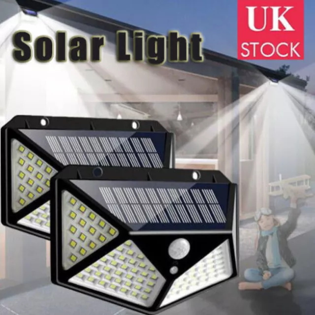 2Pack Solar Power PIR Motion Sensor Wall Lights 100 LED Security Lamp Outdoor UK