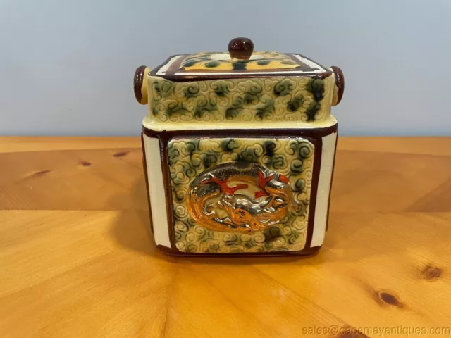 Japanese Ceramic Tea Caddy w Lid Brown Green Beige w Orange Gold Dragons