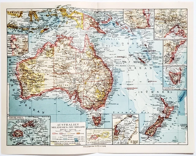 1930 Australia New Zealand Map New Guinea Queensland Tasmania New South Wales