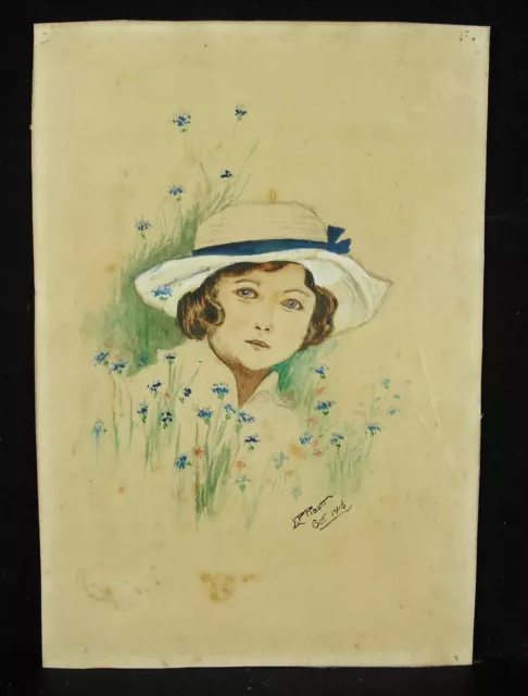 L P Pigott Oct 1916 Dibujo Original Firmado Acuarela Fillette con Sombrero 27CM