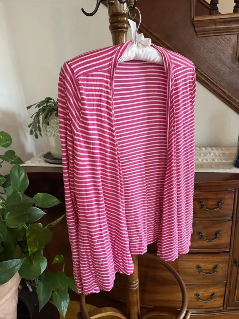 Talbots Womens Cardigan Striped Pink and White Open Front Jersey Soft XS