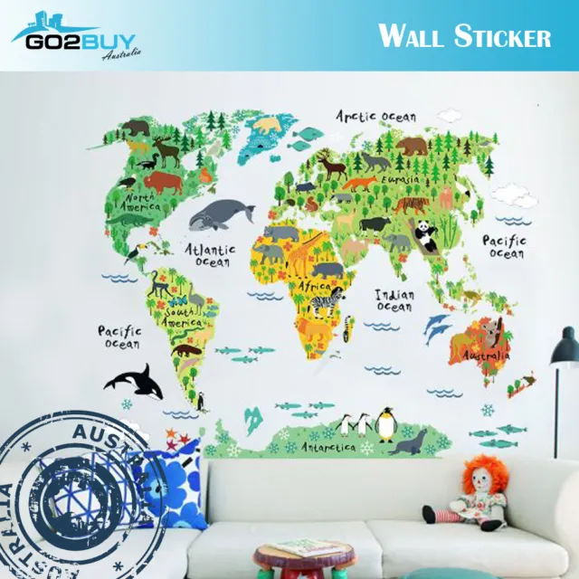 Wall Stickers Removable World Animals Map Living Room Decal Picture Art Kids