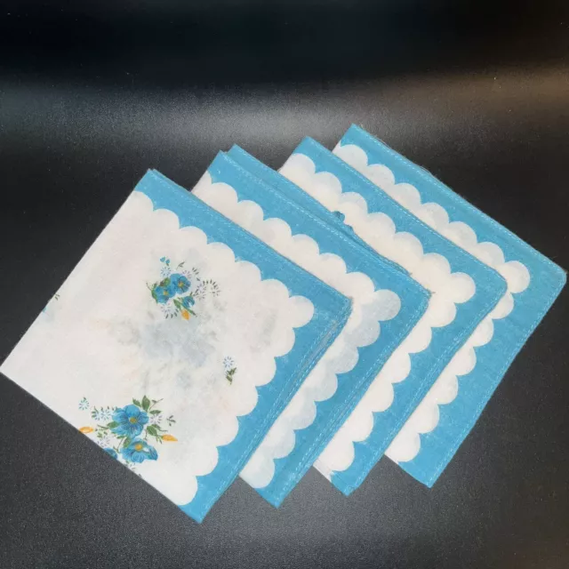 Handkerchiefs Hankies Blue Floral Bouquet Sewn Edge Unused NWOT Set of 4 11x11 “