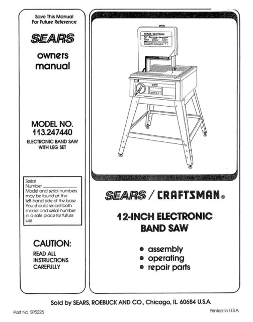 Owner's Manual & Parts List  Sears Craftsman 12" Band Saw - Model 113.247440