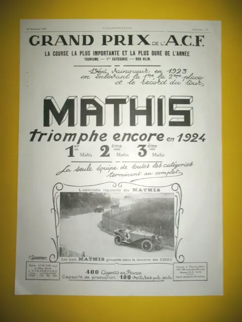 Publicite De Presse Mathis Automobile Grand Prix A.c.f. Les Esses French Ad 1924
