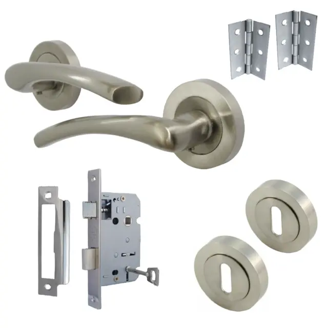 Zena Door Handle Locking Set Modern Satin Lever on Rose Internal Escutcheon Lock