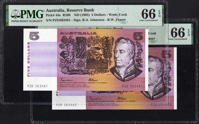 Australia 2 x 5 Dollars P44e 1985 Johnston Fraser PMG66 Gem UNC EPQ SET GOTHIC