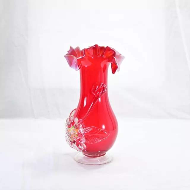 Red Art Glass Ruffle Top  Vase with Relief Design 19cm tall. Murano? 2