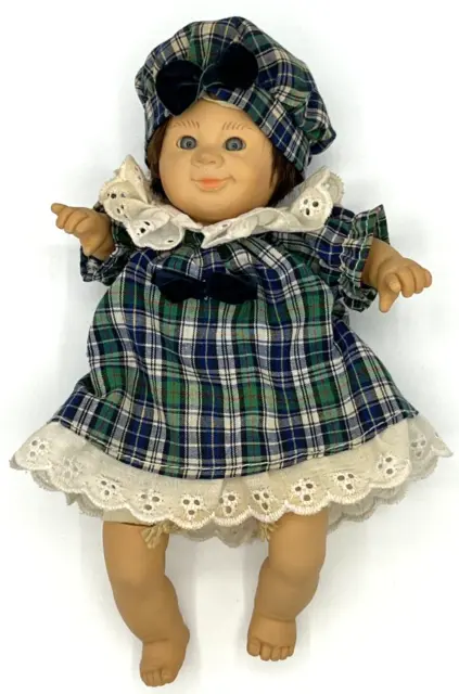 Vintage Gi-Go Bean Bag Kids My Pals Girl Baby Doll Blue Green Plaid Dress Bonnet