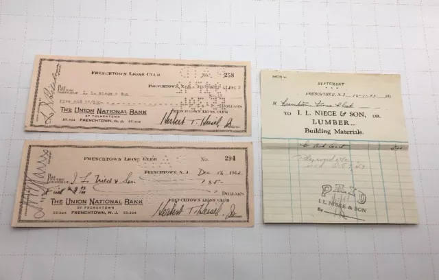 (2) 1943 Frenchtown Lions Club The Union National Bank Checks And Statement