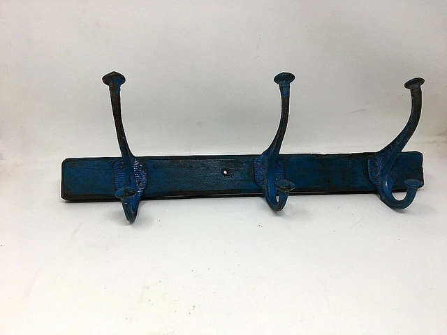 Old Wooden Brass Coat Hanger Hook Blue Painted Wall Fix Tie Hanger Hand Crafted