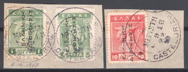 Greece Castellorizo 1913 "ΜΕΓΙΣΤΗ" cancels on fragments private issue VF.