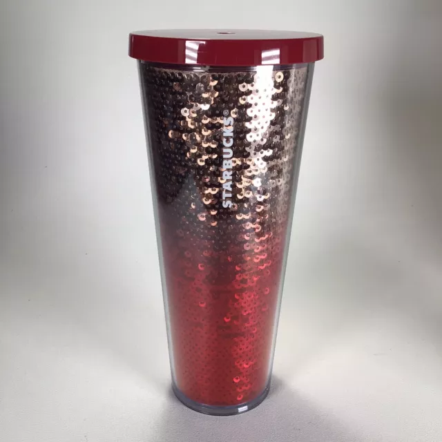 Starbucks Rose Gold Red Ombre Sequin Acrylic Cold Cup Tumbler 24 oz 2018 Holiday