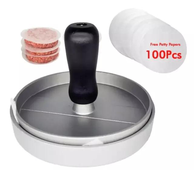 Burger Press Patty Maker Aluminium Hamburger Mold Non-Stick with 100 Patty Paper