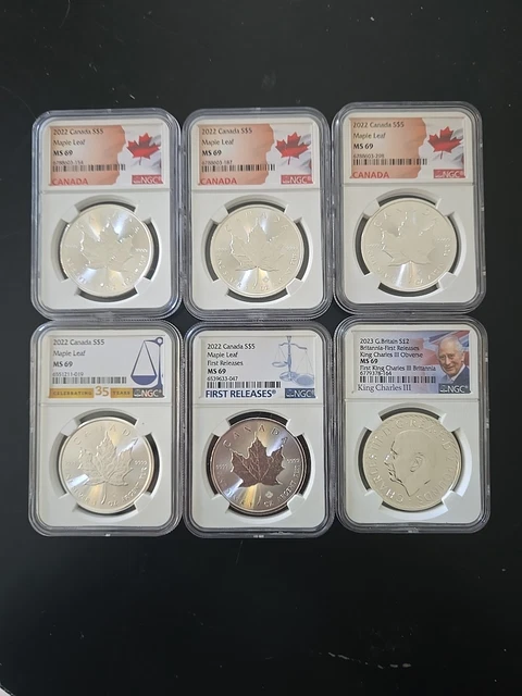 5)2022 CANADIAN $5 MS69 (1) 2023 G Briitan S$2 FDOI MS69 ALL NGC