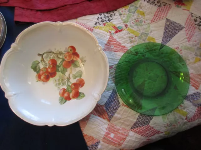 Vereco France Emerald Green Glass Luncheon Plate 7"+ Bavaria Fruit Bowl 9.5"3hi