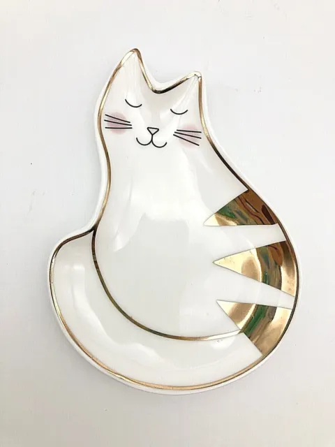 Tri-Coastal Design White Cat Trinket Dish Porcelain Gold Trim 2015