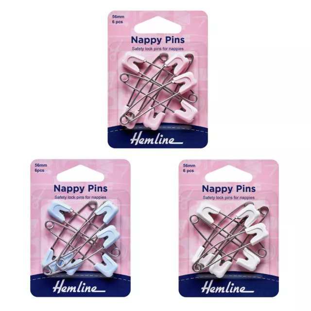 Hemline Nappy Pins 5.5cm Pack of 6 (Blue, Pink or White)