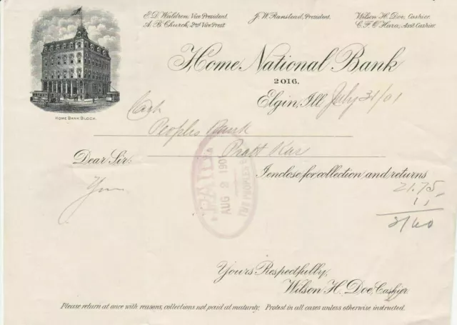 U.S. Home National Bank Elgin Bank Block illustriert 1901 bezahlte Rechnung Ref 40323