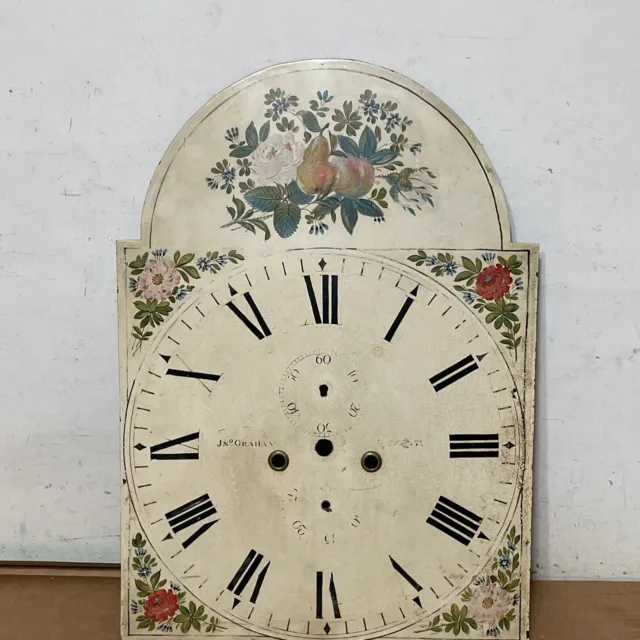 Antique English Longcase Grandfather Clock Dial w/ Painted Flower Decor J Graham