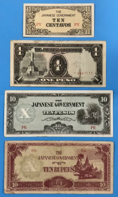 *Lot of 4* Japanese Pesos & Rupees - 1943 WWII GOVERNMENT INVASION MONEY