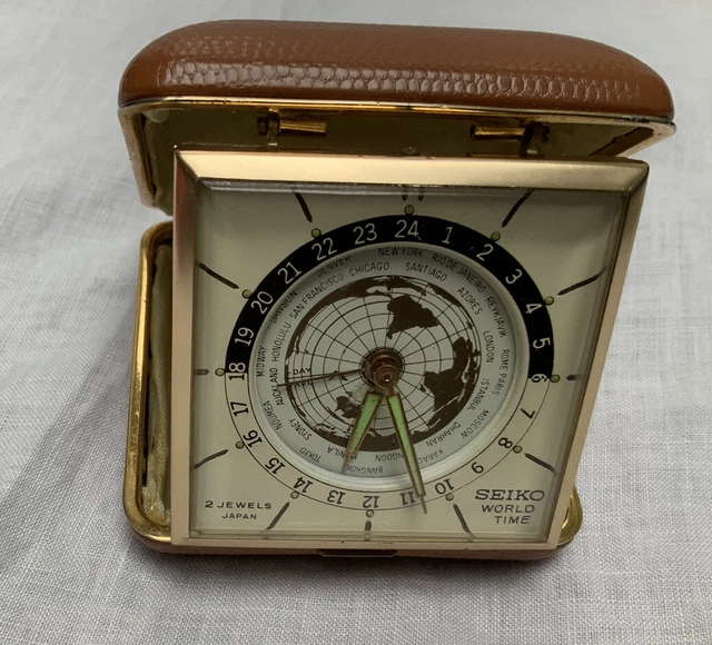 VINTAGE SEIKO WORLD Time Travel Alarm Clock Works 2 Jewels Japan