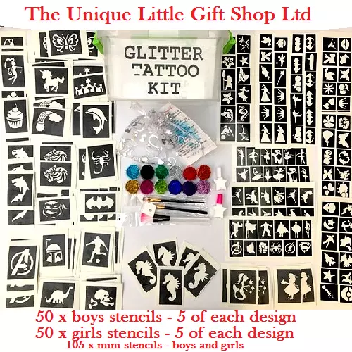 GLITTER TATTOO KIT boy girl 205 stencil 12 glitter storage box or refill stencil