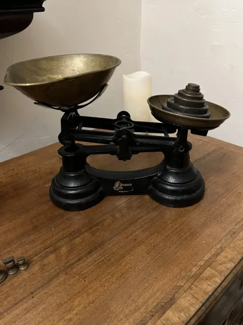 Vintage Black Cast Iron Librasco kitchen Weighing scales with Brass weights