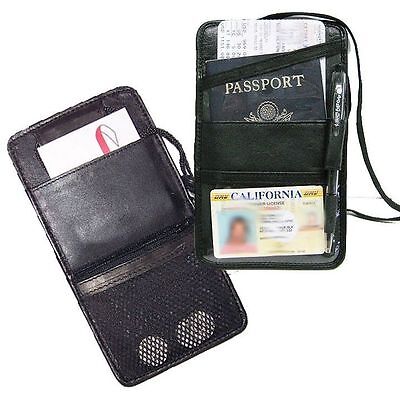 BLACK LEATHER PASSPORT Boarding Pass ID CARD Thin Lanyard Holder Neck Strap
