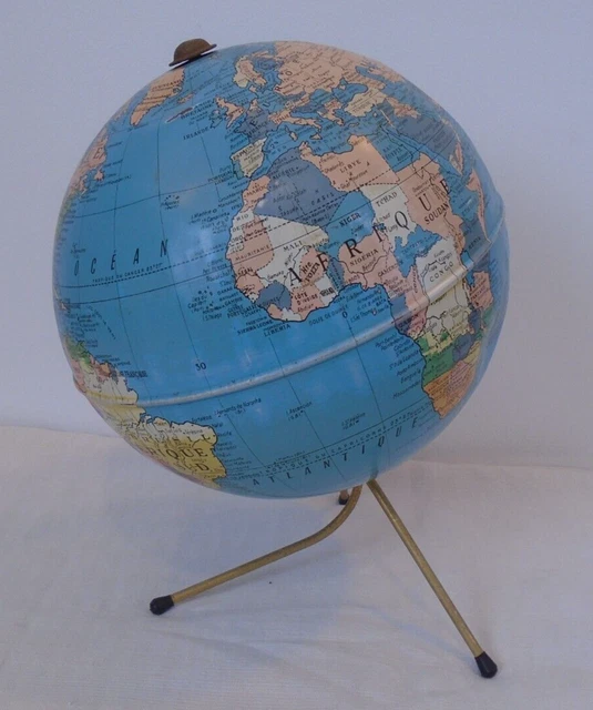 GLOBE TERRESTRE ANCIEN TOLE Emaillee 1940s Mappamondo Mappemonde