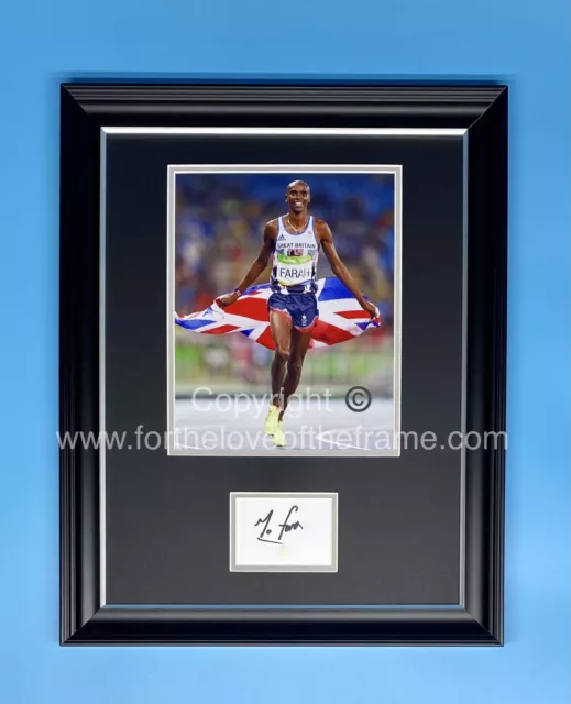 Cimeli carta in rilievo Sir Mo Farah firmata Londra 2012 Olimpiadi di Londra 2012 COA AFTAL