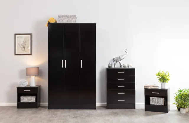 Black 4 Piece Bedroom Furniture Set Wardrobe Chest of Drawers and 2x Bedsides