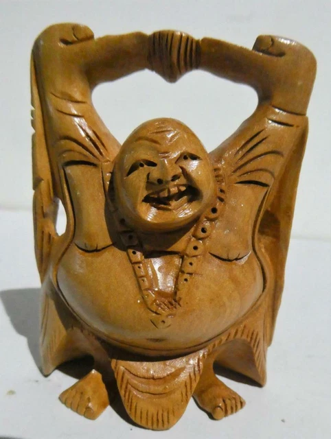 Sandalwood Hand Carved Happy Laughing Buddha Hands Up Statue-Figirine