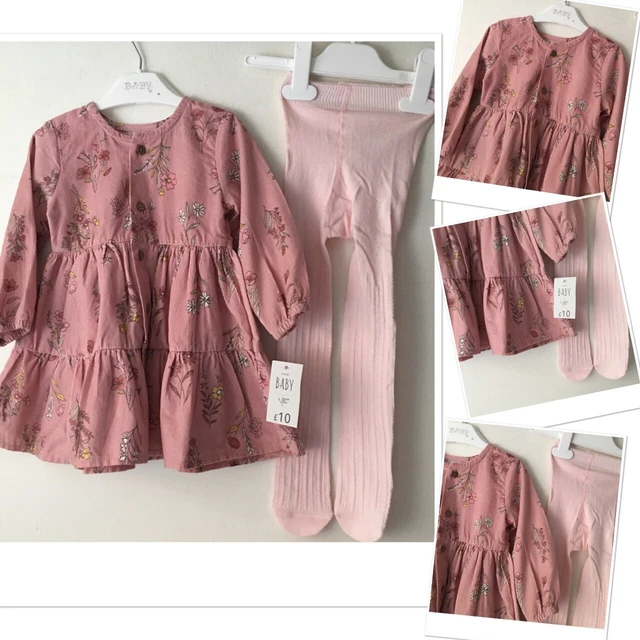 George new tags baby girls floral cordrouy dress & New M&S Tights 9-12 Months