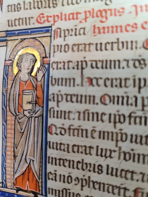 Rare Illuminated Medieval Manuscript Vellum Bible Leaf  13th C.  GOSPEL OF JOHN