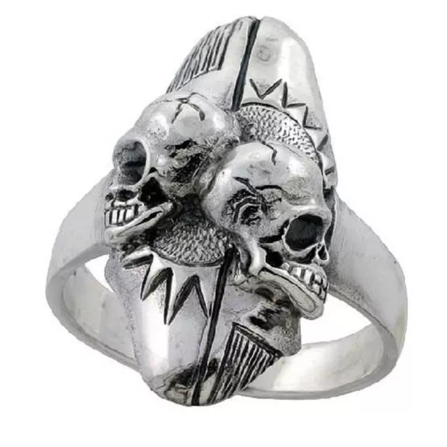 Sterling Silver Double Skull Biker Ring with Sun Background