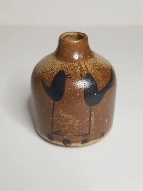 Vtg Otagiri Small 3" Brown Stoneware Pottery W/Birds Weed Pot Bud Vase Japan