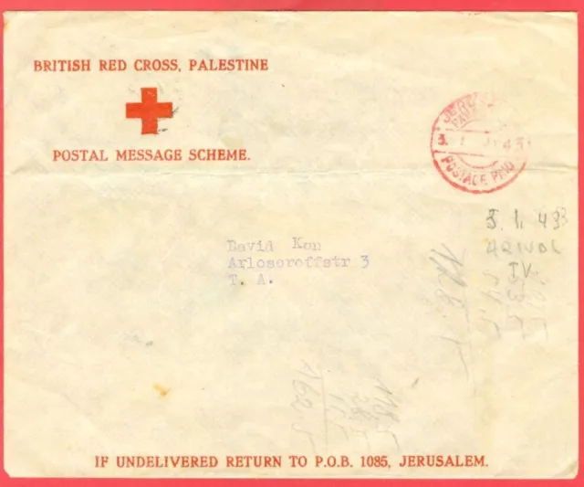 British RED CROSS Palestine POSTAGE PAID cover Jerusalem to Tel Aviv 1943