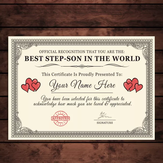 Personalised 'Best Step-Son In The World' Certificates Gift/Print