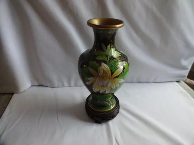 Vintage Japanese Cloisonne Vase on Wood base Height 22 cm Diameter 10 cm