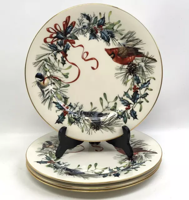 Lot of 4 Lenox Winter Greetings Dinner Plates, Cardinal Birds Holly Ribbon ~11"