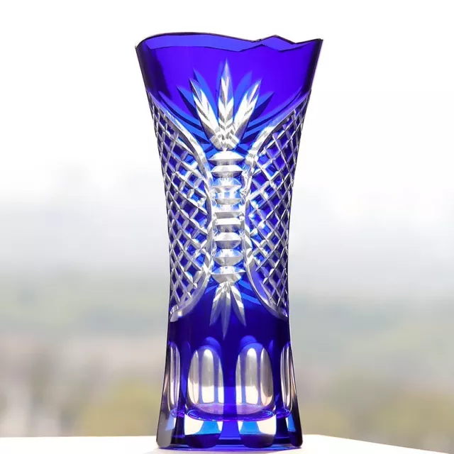 Bohemian Czech Style Blue Glass Vase Hand Cut To Clear Crystal Art Deco 6.9''