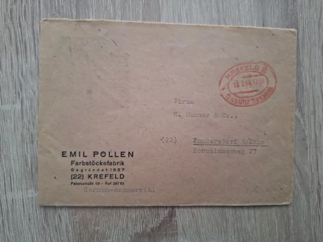 Brief Ovalstempel Gebühr bezahlt Emil Pollen Farbstöckefabrik Krefeld 1946