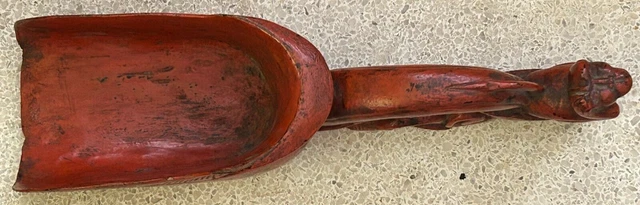 Carved Wooden Teak Red Lacquer Rice Scoop Monkey Burmese Myanmar 18" 2