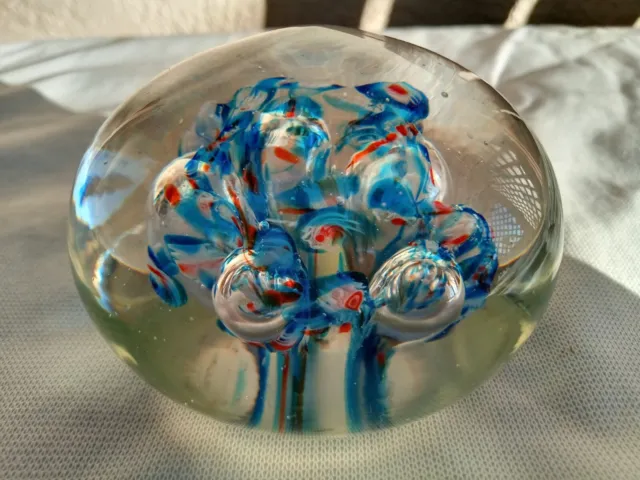 Millifiori Glass Paperweight 1 Lb. 3” Diameter x 2" Tall Red And Blue HAND MADE