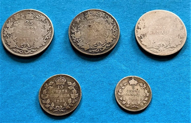 Canada lot - 1910 5 cents, 1936 10 cents & 1908,1913, 1918 25 cents
