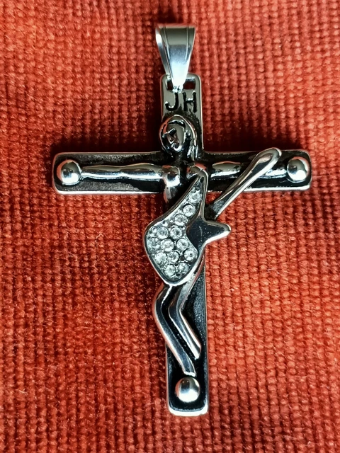 COTEMODE Croix Guitare Johnny Hallyday Acier 316 Argenté - 5.5 Cm Avec Pierre Bleue Et Cordon Cuir
